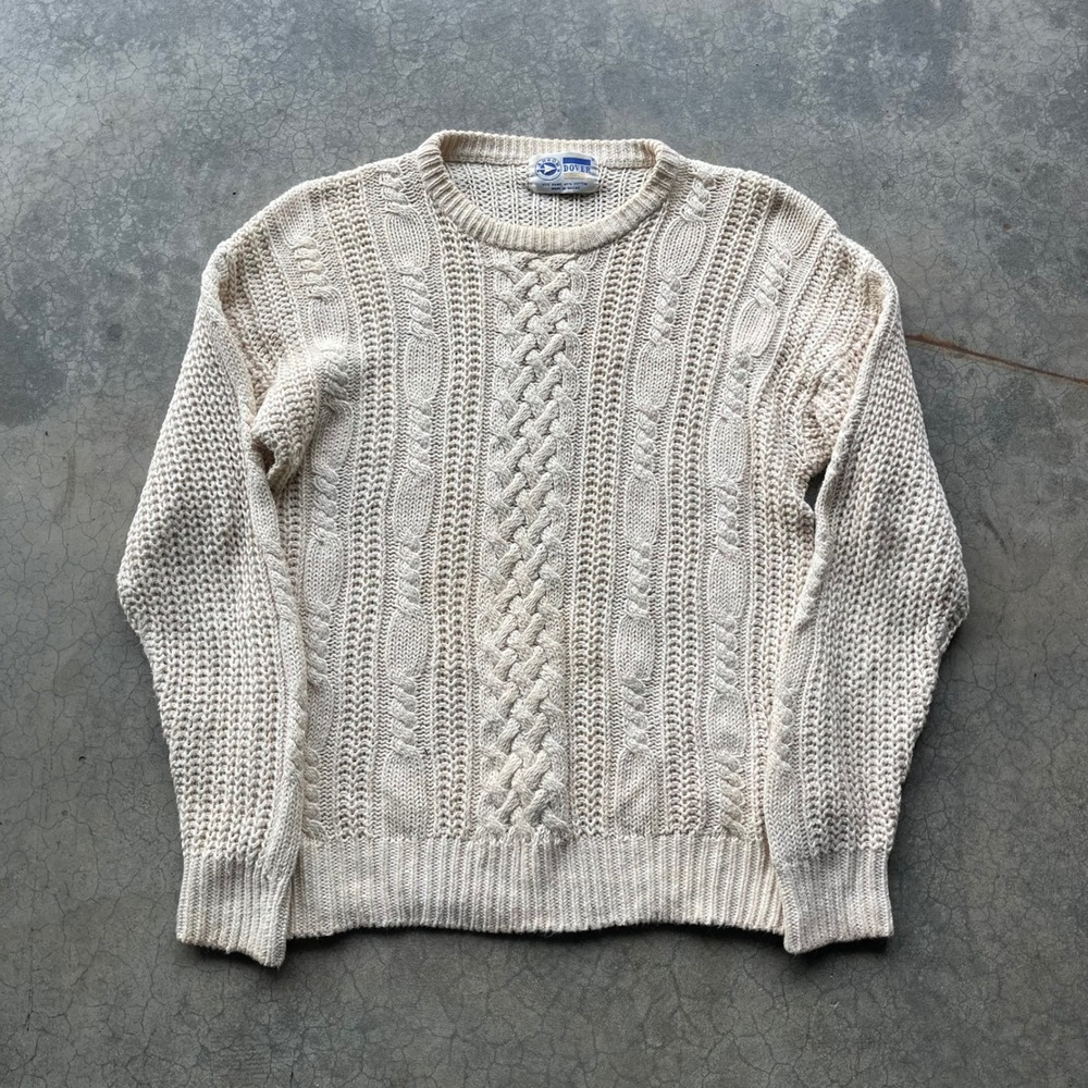 Vintage Arrow Dover Cream Cable Knit Sweater Mens Medium Ramie Cotton Blend
